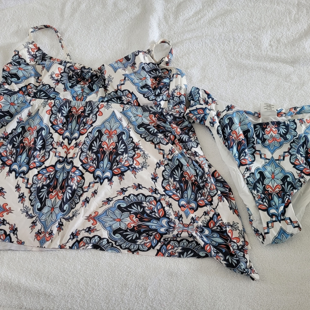 Two-piece tankini swimsuit and cover-up.